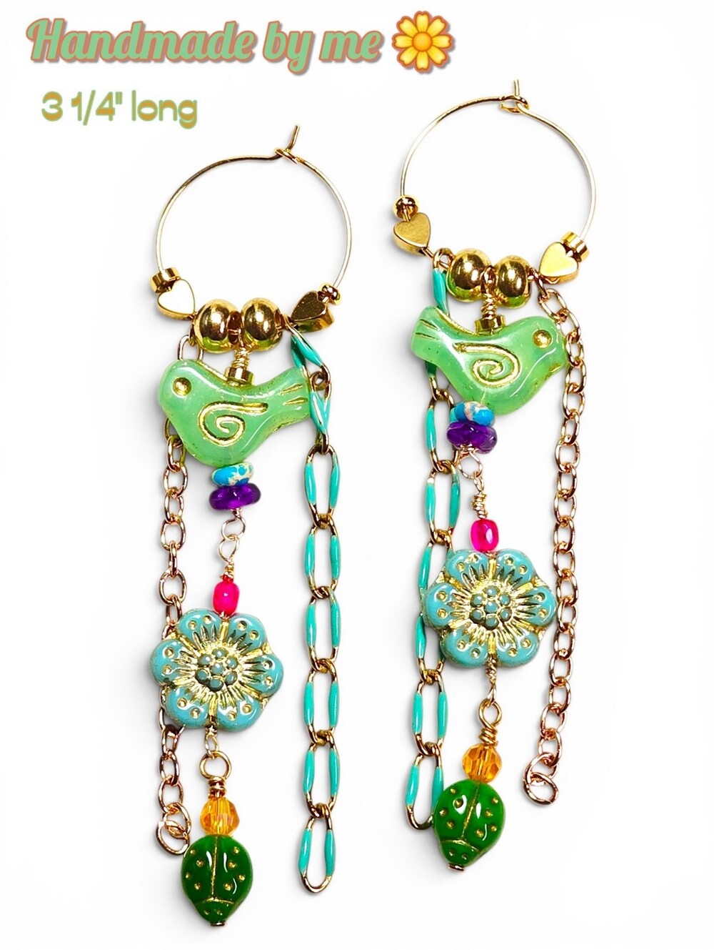 Handmade Green Bird Floral Drop Earrings Jewelry Czech Fun Colorful Ladybug Hoop